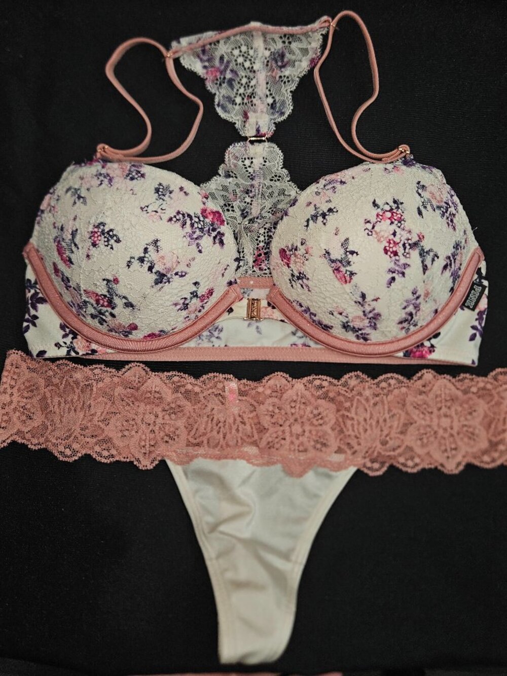 Victoria's Secret Pink Racerback Push Up Date Bra & Thong Set Floral 32B Small